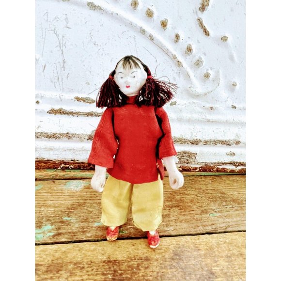Antique Chinese Composition Doll Silk clothes hair - Picture 1 of 11